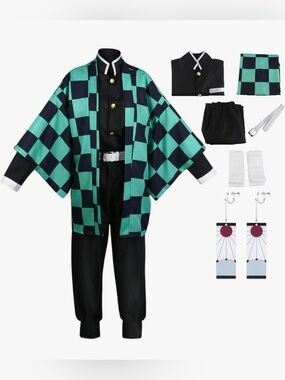 Kids Anime Cosplay Demon Slayer Checkerboard Haori Kimono Costume